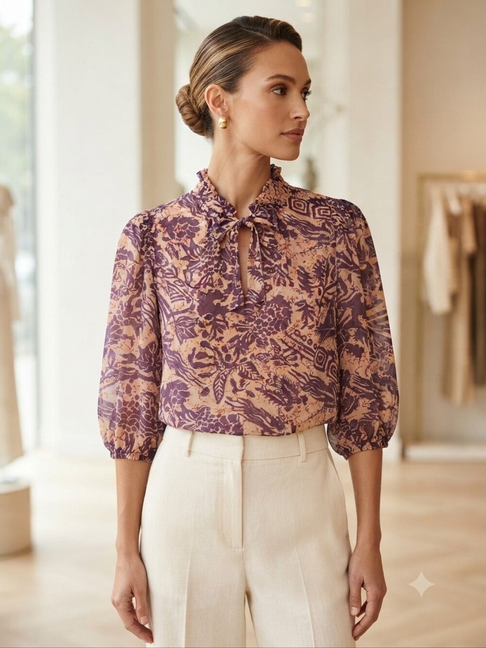 Joie Floral Chiffon Blouse Purple Beige Tie Neck Ruffle Balloon Sleeve Size M